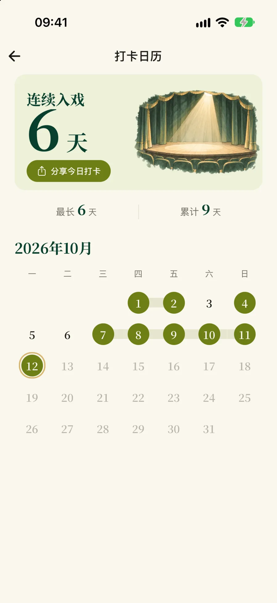 打卡日历:2026 年 10 月,打过卡的日子是实心圆,连续的日子连在一起