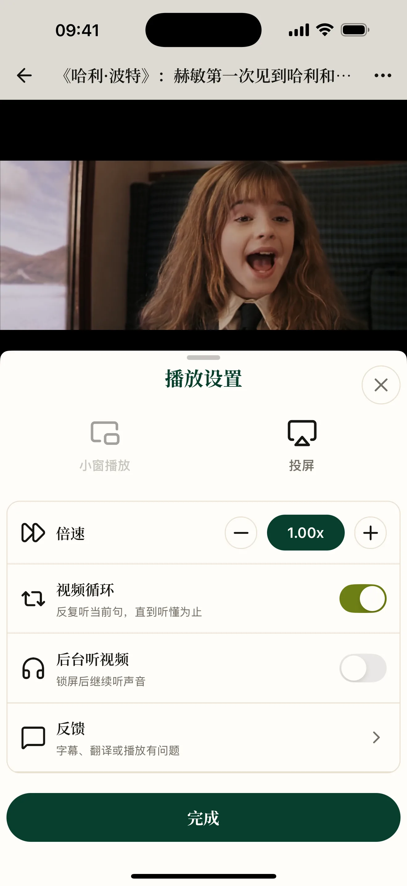 播放设置页面，包含小窗播放、投屏、倍速、视频循环、后台听视频和反馈