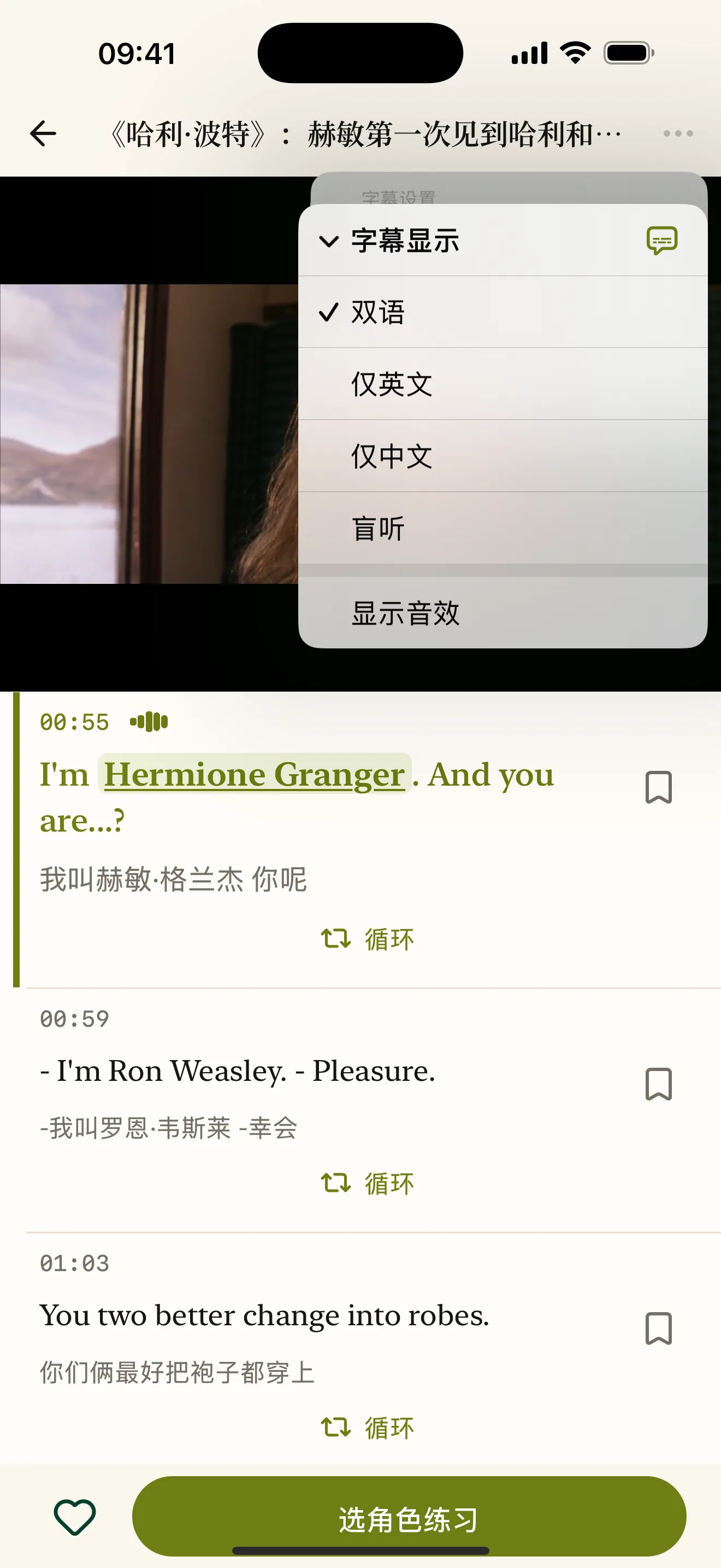 字幕显示菜单，包含双语、仅英文、仅中文、盲听和显示音效